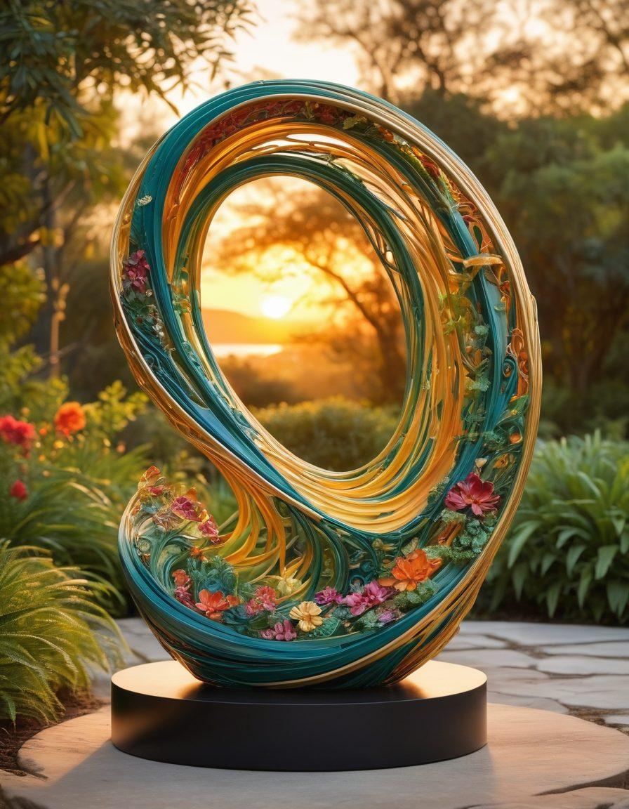 A swirling, serpentine sculpture entwined with vibrant flora, showcasing intricate patterns that blend seamlessly into a lush natural setting. The background features a sunset casting warm golden light, illuminating the curves and twists of the design. A sense of movement and elegance is captured through flowing lines and colors. super-realistic. vibrant colors. nature-inspired.